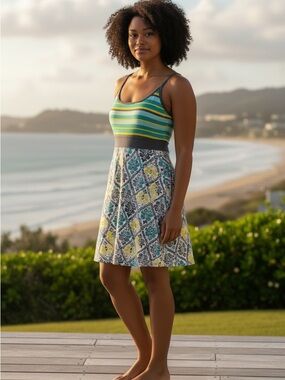 Soybu Mixed Media Tank Dress w/ Built in Bra Atheisure Elegance Teal Yellow Blue